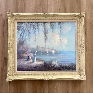 Vtg Oil On Canvas Painting Beachside White Embossed Frame Signed Stefano 31”x27”